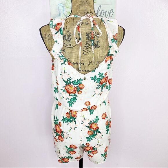 Roxy Cloud Floral Ruffle Open Back Romper Peach Pink Medium Sleeveless - Picture 7 of 15